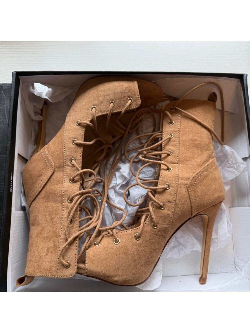 Windsor Khloe Camel Suede Lace-Up Stiletto Heels Size 8